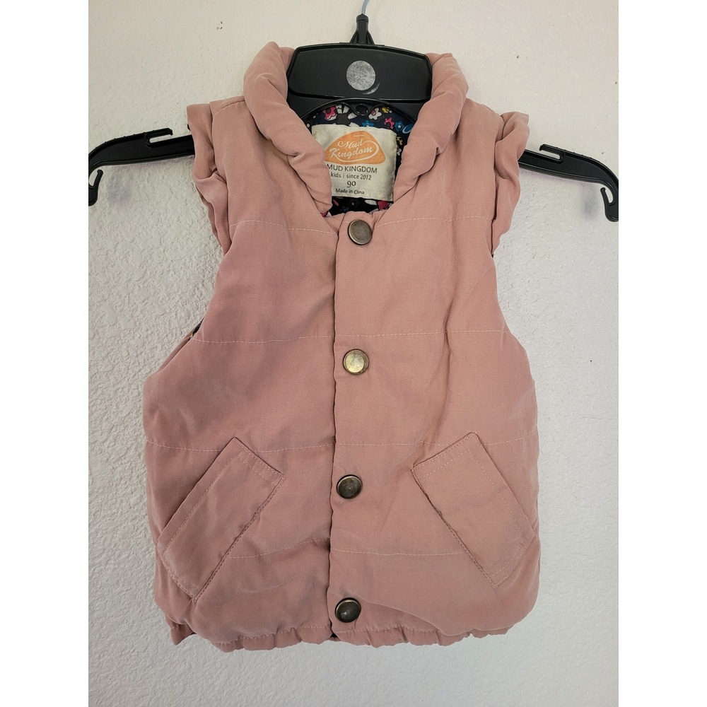 Mud Kingdom Kids Pink Puffer Vest Ruffle Shoulder Floral Lining Size 90 2T 3T #8